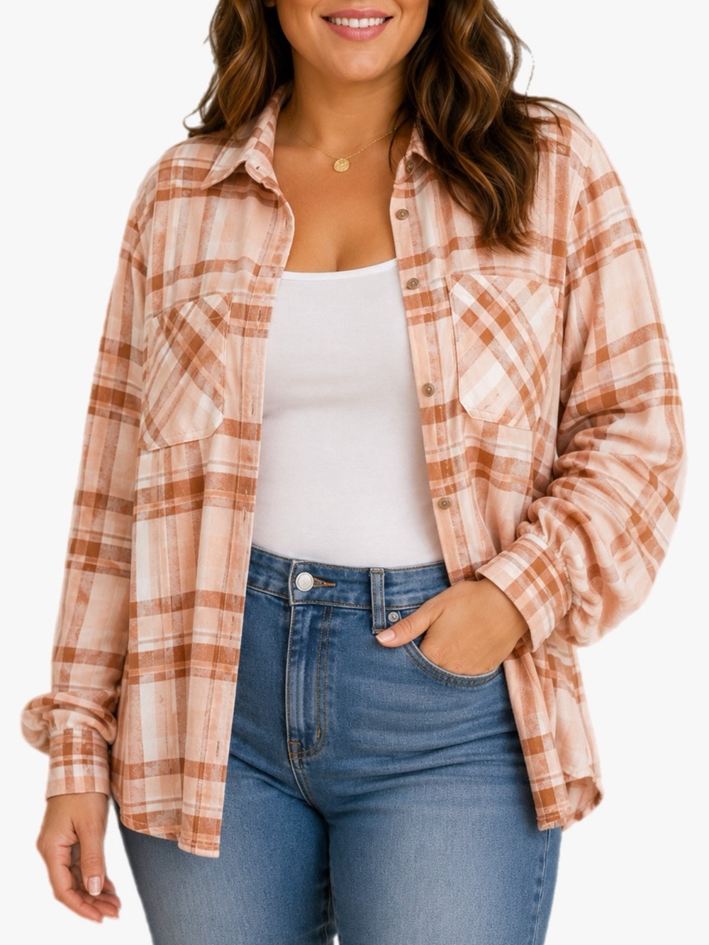Universal Thread XXL Peach Pink Plaid Button Front Long Sleeve Shirt Shacket